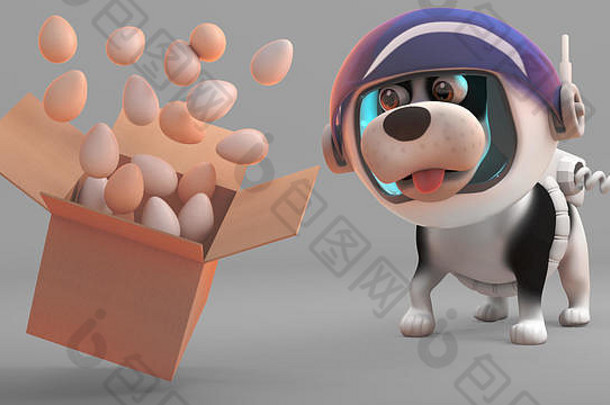 鸡蛋浮动盒子前面困惑的小狗狗宇航服插图渲染