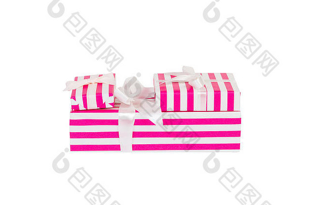 集圣诞节假期手工制作的现在粉红色的纸白色丝带孤立的白色背景前视图感恩节礼物盒子浓缩的
