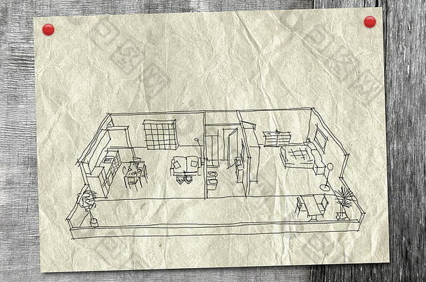 带图钉的旧纸上带家具的家庭公寓的数字2d插图<strong>手绘</strong>草图