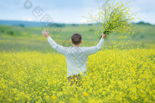 在阳光明媚的春夏时节，在绿草草地上，开着黄色蒲公英花的快乐、可爱、英俊的小男孩。小男孩的梦想与梦想
