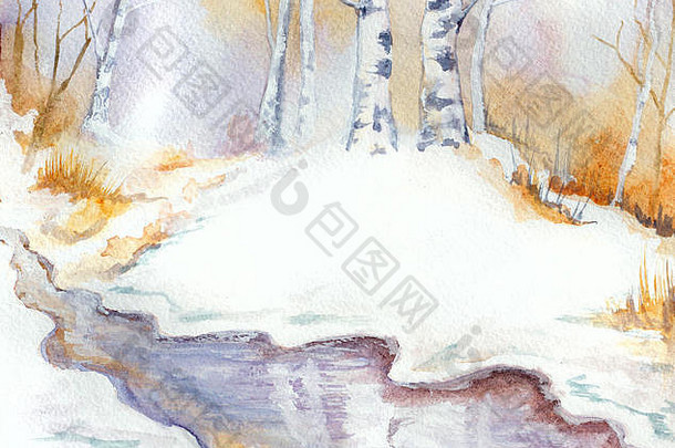冬天景观河桦木树雪手画水彩插图