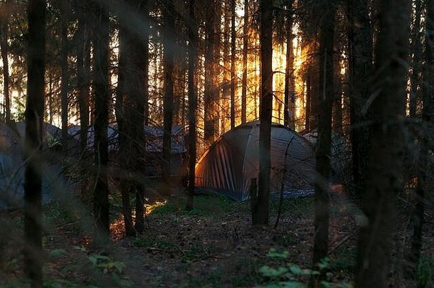 野营帐篷森林日落