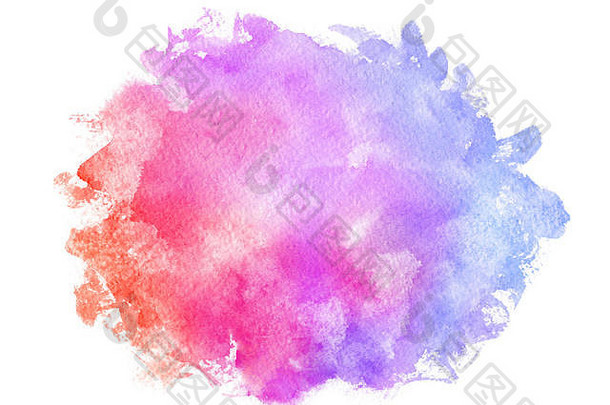 白色背景上的抽象粉蓝色红色黄色绿色紫色橙色紫色水彩。纸上溅起的颜色。这是手绘的。