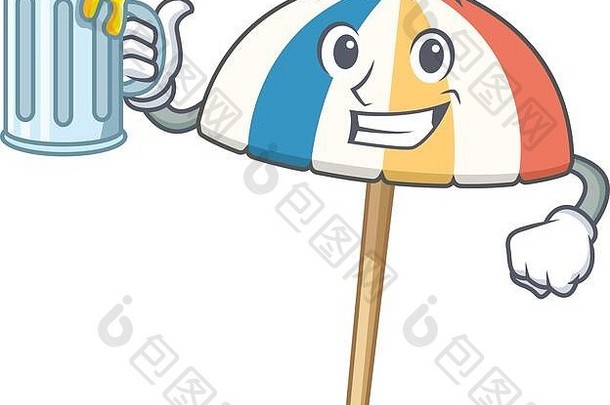 快乐的海滩伞吉祥物设计玻璃啤酒