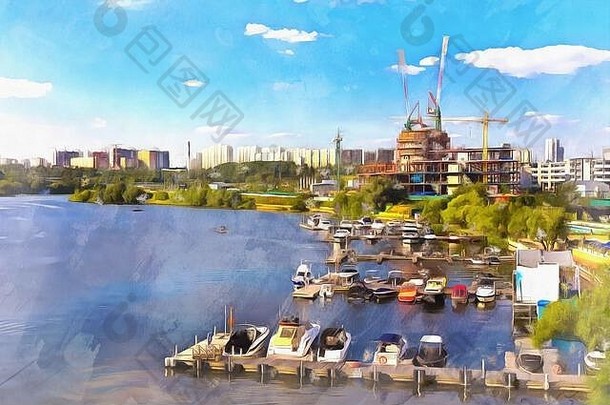 现代海洋莫斯科河色彩斑斓的绘画图片