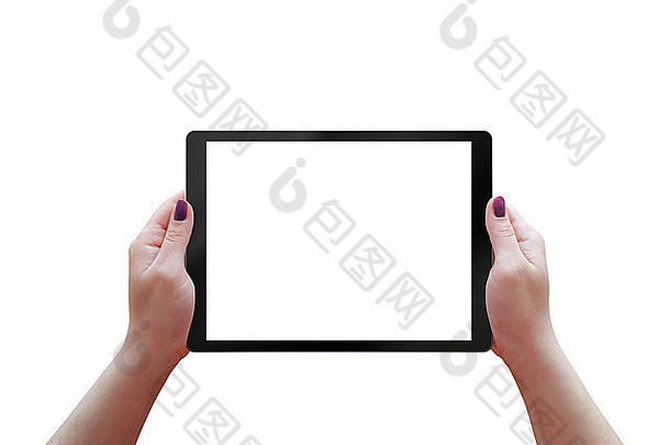 平板电脑白色屏幕inwoman手孤立的平板电脑水平位置
