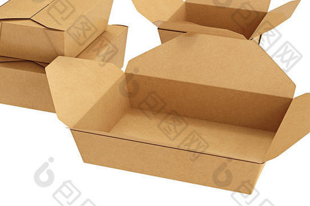 包装食品盒纸板棕色打开和关闭在白色隔离背景上，近距离观察。三维渲染