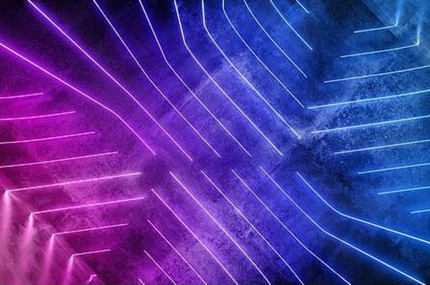 sci未来主义的现代宇宙飞船黑暗难看的东西混凝土变形房间蓝色的紫色的粉红色的发光的激光领导霓虹灯明亮的光管灯背景