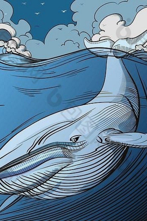 蓝鲸在海面下潜水。云朵、波浪和海鸥在上空盘旋