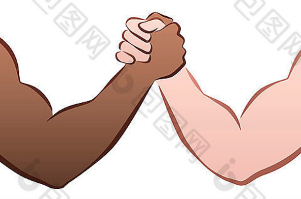黑人和白种人之间的跨种族手臂摔跤比赛。白色背景上的插图。