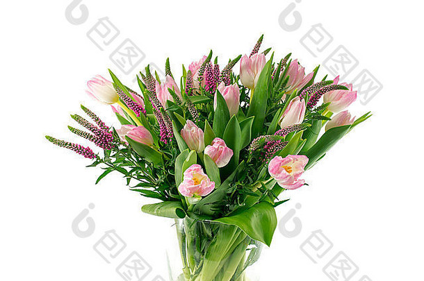 花瓶上的一束粉红色郁金香作为礼物送给女友母亲或其他爱人