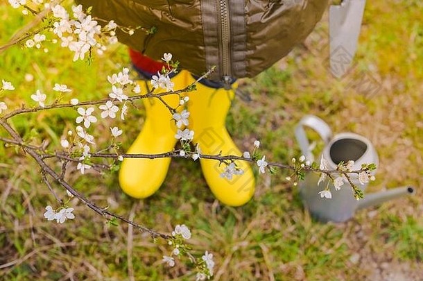 花园里穿着黄靴子的女人。重点放在开花的树枝上。鞋子、水壶和抹刀。大自然的花季。耀眼的阳光。长格式。拷贝空间