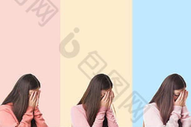 美丽的亚洲女人在彩色条纹上的拼贴画，背景是悲伤的表情，哭泣时用手捂住脸。抑郁症