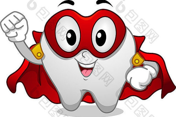 戴着红色面具和斗篷的牙齿超级英雄吉祥物插图