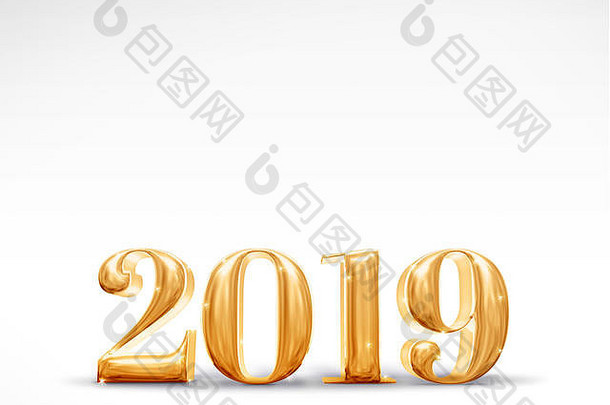 2019年新年快乐金色数字（3d渲染）白色工作室房间，节日卡片，留出空间添加文字。