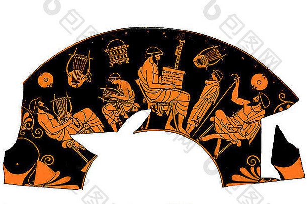 古老的希腊花瓶描绘学校教训音乐