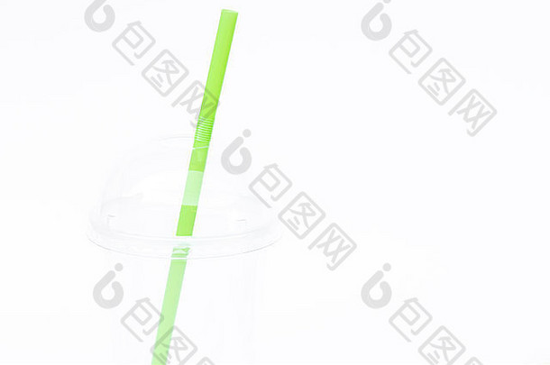 空塑料杯稻草孤立的白色背景股票照片