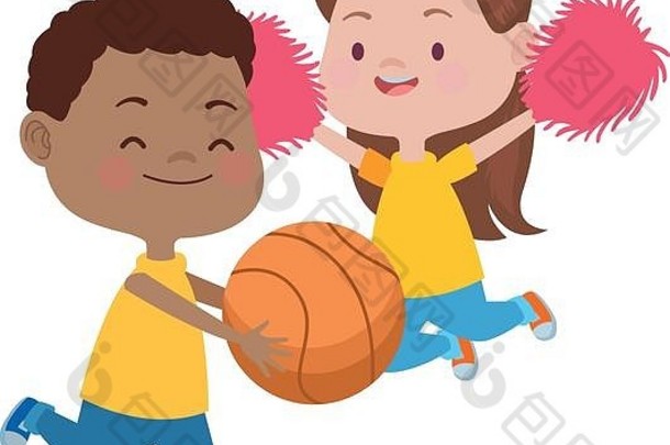可爱的孩子们玩篮球啦啦队长字符