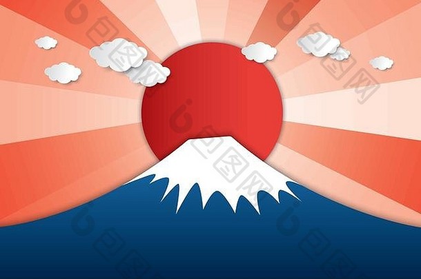 纸艺术风格富士山日本红色的太阳闪亮的阳光前山日落日出