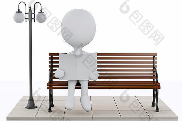 三维插图。白人在木凳上看报纸。孤立白色背景
