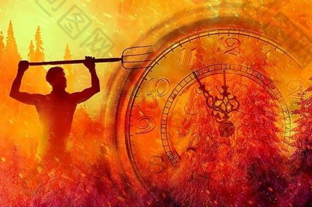 燃烧云杉森林时钟显示分钟十二个时间停止意识到值生活