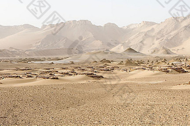 非洲埃及达赫拉绿洲悬崖上的雅丹山脉和沙丘全景图
