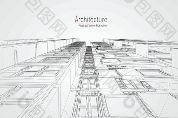 现代建筑线框。城市线框的概念。建筑CAD图纸的线框建筑示意图。