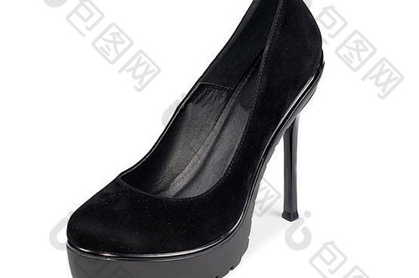 优雅的黑色的马特仿麂皮皮革女士们平台鞋高穿<strong>高跟鞋高跟鞋</strong>正式的穿白色背景