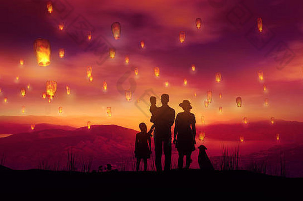 日落时分，一家人带着两个孩子和一条狗在中国灯笼中飞翔