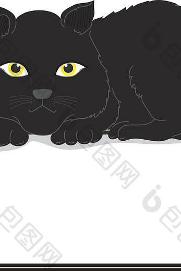猫插画剪贴画。那只大黑猫坐在架子上。它有完全黑色的皮毛。还有黄色的眼睛。框架中有文本的空间。手