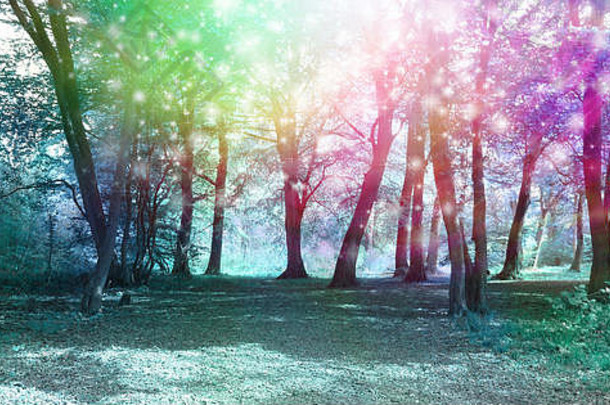 翡翠蓝绿色的林地，彩虹闪烁，描绘了一个超自然的能量场