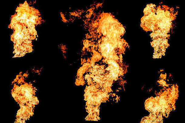 燃烧的气体或油的熊熊火焰照片集隔离在黑色背景上