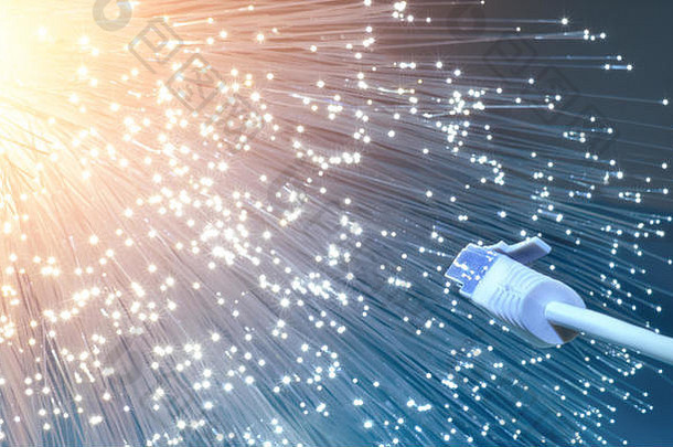 未来技术背景，蓝橙色背景下<strong>光纤网络</strong>电缆末端特写