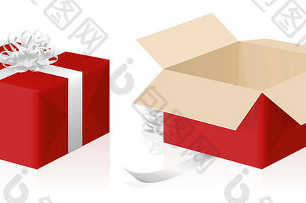 礼品包装，包装和未包装的红色包裹，闭合和打开的礼品纸盒-白色背景上的3d插图。
