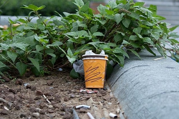 咖啡品种写在纸咖啡杯上。它造成环境污染。