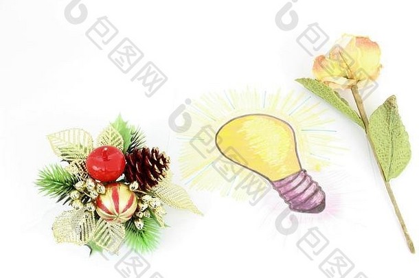 在一张纸上绘制的灯泡的样式化插图。有花卉装饰的礼物的想法。