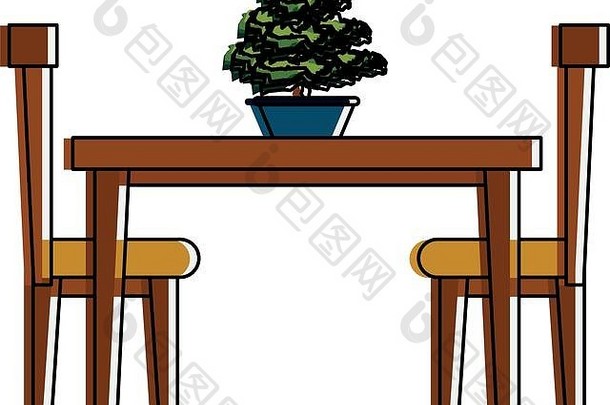 带椅子的餐桌前视家具图标图像