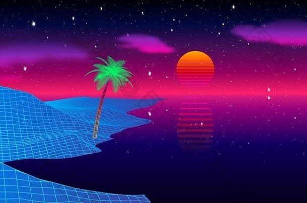 日落时的棕榈树海滩，synthwe或retrowe旧版80年代电脑游戏风格