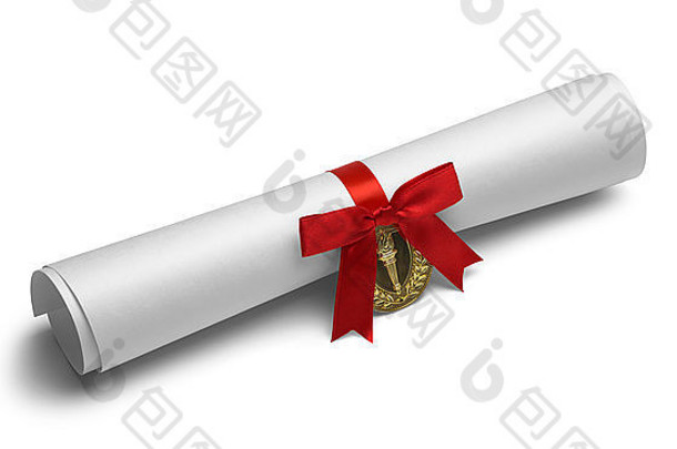 文凭火炬金牌红色的弓丝带孤立的白色背景