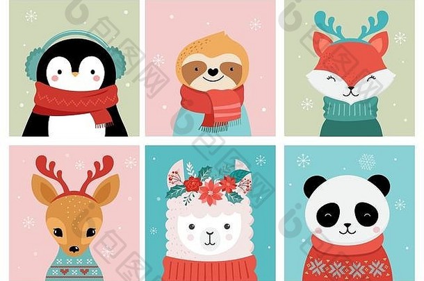集合圣诞节可爱的动物快乐圣诞节插图熊猫狐狸火焰懒惰猫狗冬天配件