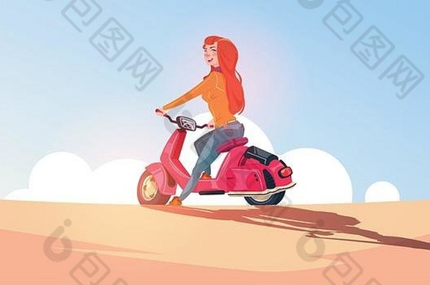 骑着电动滑板车的年轻女孩骑着老式<strong>摩托车</strong>在蓝天上户外旅行