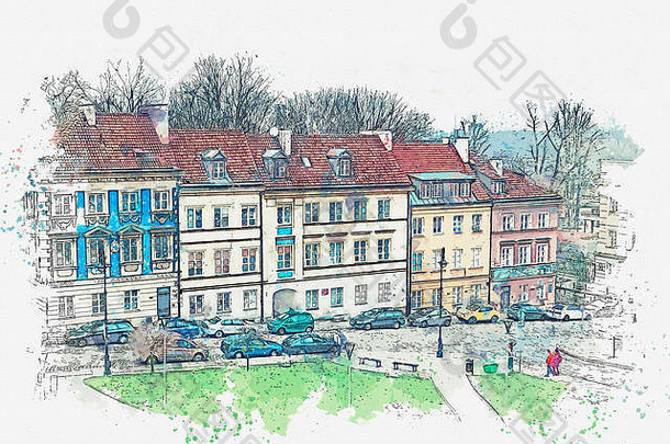 水彩草图插图传统的街公寓建筑华沙波兰