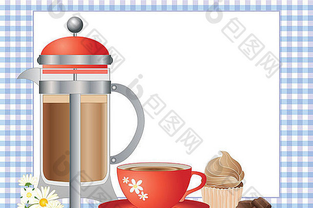 这是一幅带有红色杯碟的法式压榨咖啡和带有白色便笺卡的巧克力杯蛋糕的插图