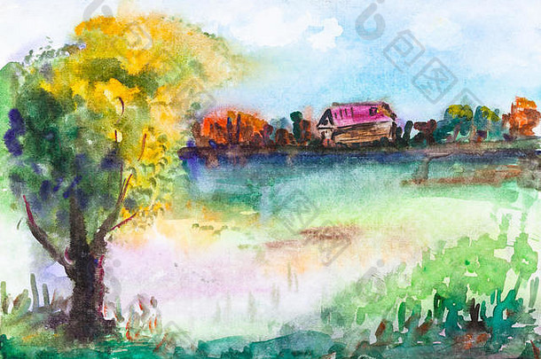 夏季乡村景观，池塘和古老的原木小屋，用水彩在白纸上手工绘制