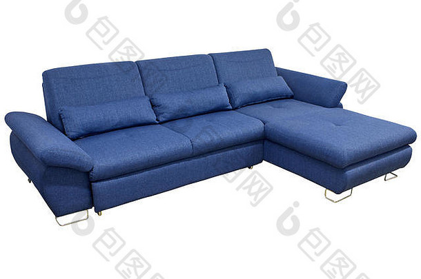 现代蓝色宽大舒适面料沙发角，白色背景上有枕头和可调节扶手