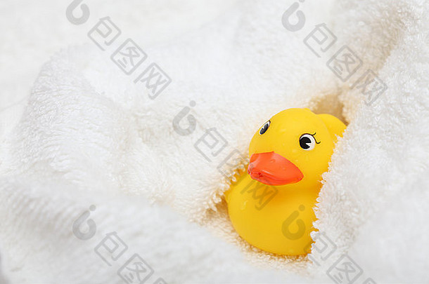 洗完澡后，用白色软毛巾裹上橡皮鸭。特写镜头。