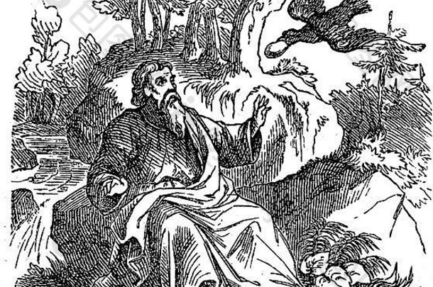 乌鸦喂养的先知以利亚的圣经故事的复古线描或雕刻。圣经，旧约，1国王17。1859年，德国阿尔滕和纽恩遗嘱图书馆。森林里的老人。
