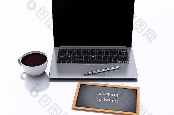 3d渲染器插图。一杯咖啡，一台笔记本电脑和一块黑板，上面写着“在家工作”的文字。白色背景下的商业理念