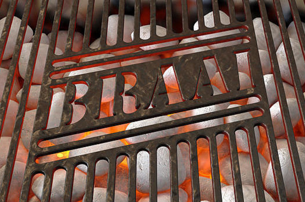 在烧烤架上燃烧热煤和白灰，烤架上有一个铁烤架，上面刻着“braai”字样-3D渲染
