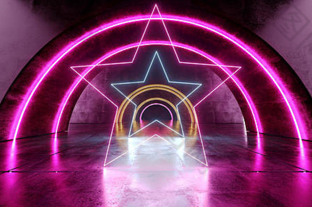 未来派椭圆形圆形霓虹灯发光紫蓝色星状激光束在混凝土垃圾地面反射隧道走廊黑暗的入口舞台